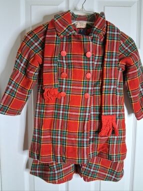 Vintage Handmade Red Scottish Wool Plaid Double-Breasted Little Girl's Coat Set